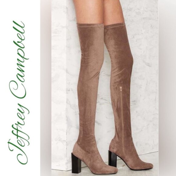 NWT JEFFREY CAMPBELL Perouze Over-The-Knee Faux Suede Block Heel Boots Taupe 8.5 - Picture 3 of 16